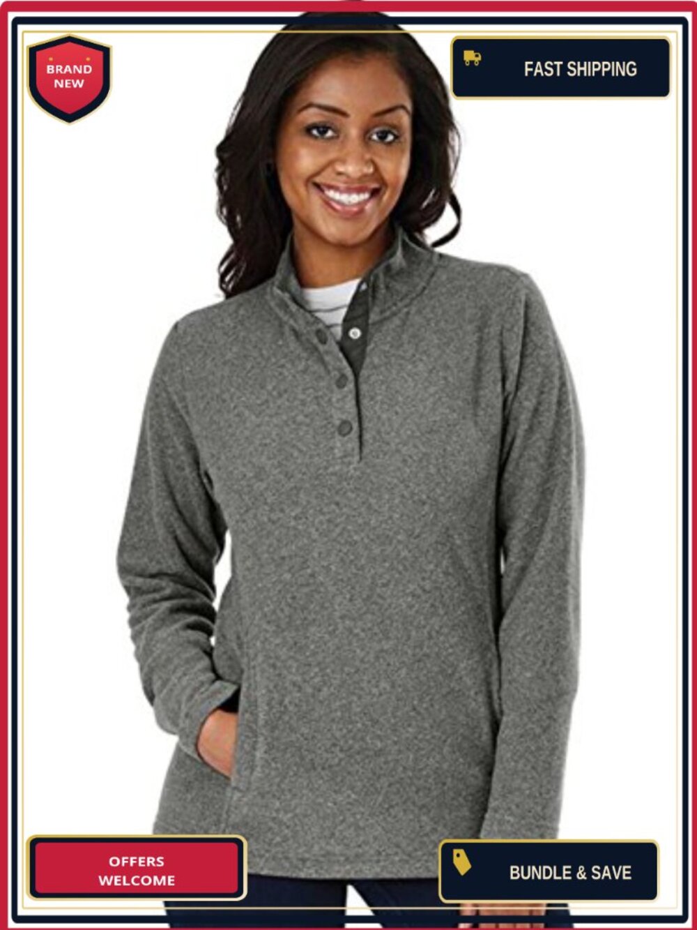 Women's Fleece Quarter Snap Pullover Stand-Up Collar Pouch Pocket Knit